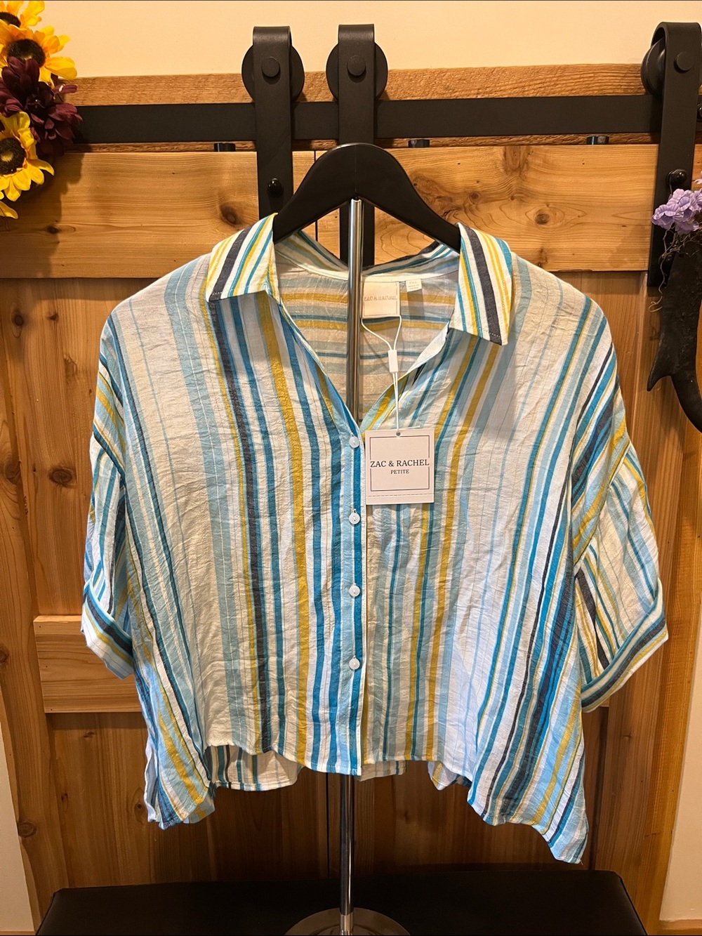 Zac & Rachel Cropped Striped Button-Front Shirt in Blue and Yellow